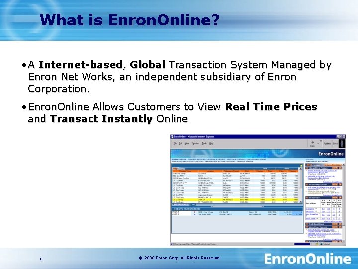 What is Enron. Online? • A Internet-based, Global Transaction System Managed by Enron Net