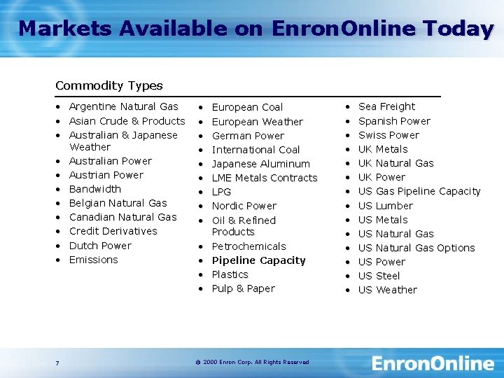 Markets Available on Enron. Online Today Commodity Types • Argentine Natural Gas • Asian
