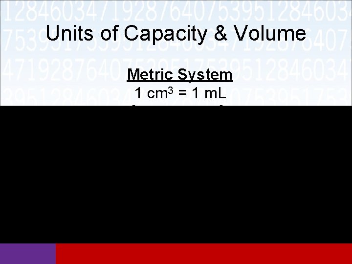 Units of Capacity & Volume Metric System 1 cm 3 = 1 m. L