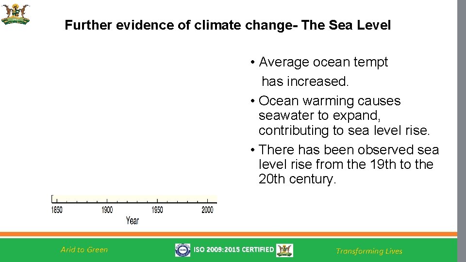Further evidence of climate change- The Sea Level • Average ocean tempt has increased.