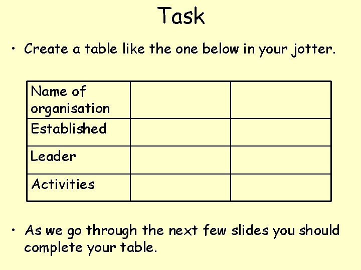 Task • Create a table like the one below in your jotter. Name of