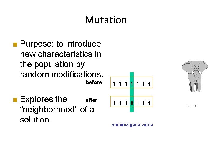 Mutation ■ Purpose: to introduce new characteristics in the population by random modifications. before