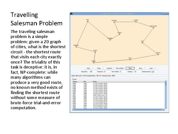 Travelling Salesman Problem The traveling salesman problem is a simple problem: given a 2