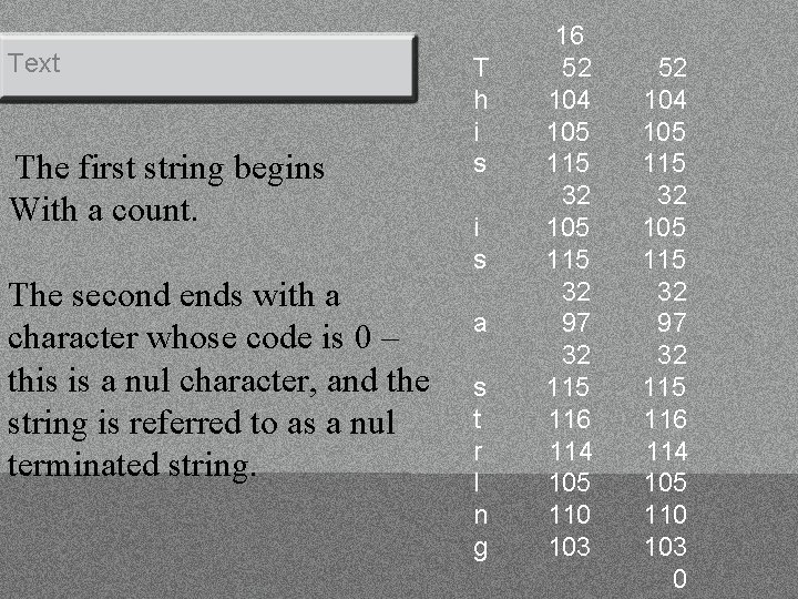 Text The first string begins With a count. The second ends with a character