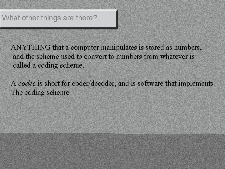 What other things are there? ANYTHING that a computer manipulates is stored as numbers,
