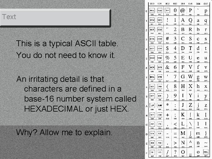 Text This is a typical ASCII table. You do not need to know it.