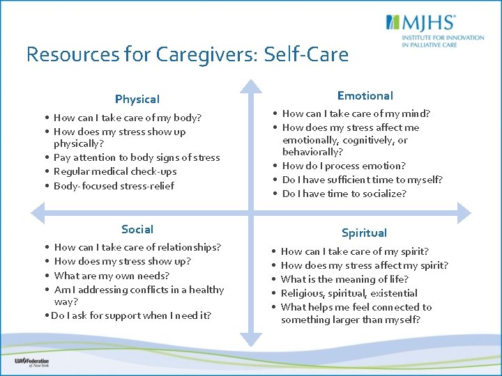 Resources for Caregivers: Self-Care Physical • How can I take care of my body?