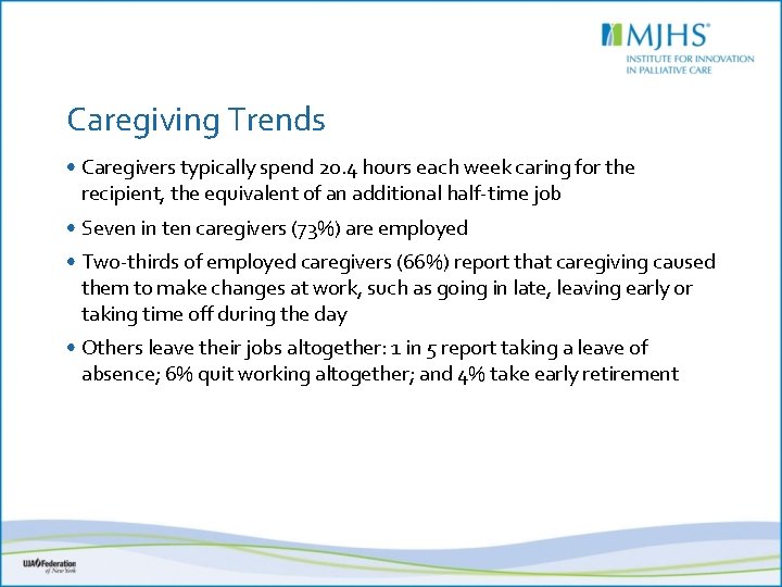 Caregiving Trends • Caregivers typically spend 20. 4 hours each week caring for the