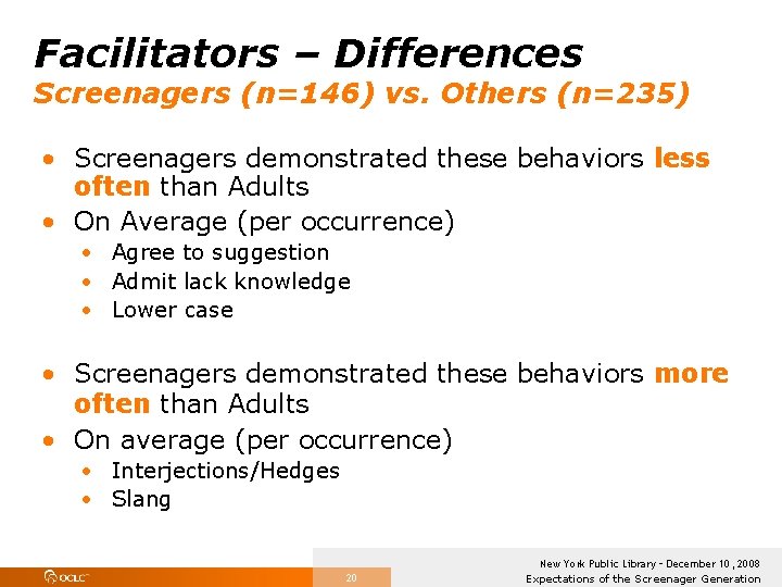 Facilitators – Differences Screenagers (n=146) vs. Others (n=235) • Screenagers demonstrated these behaviors less