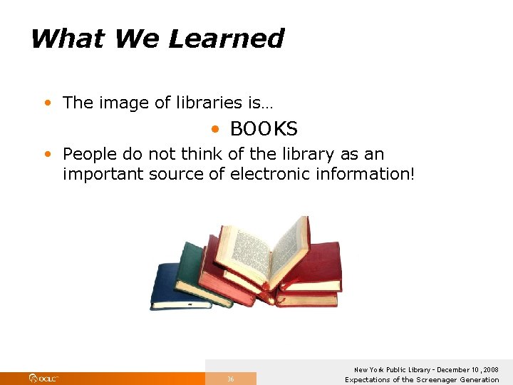 What We Learned • The image of libraries is… • BOOKS • People do