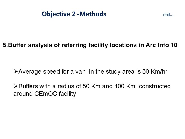 Objective 2 -Methods ctd… 5. Buffer analysis of referring facility locations in Arc Info Objective 2 -Methods ctd… 5. Buffer analysis of referring facility locations in Arc Info