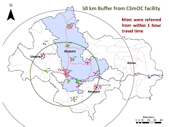 50 km Buffer from CEm. OC facility Most were referred from within 1 hour 50 km Buffer from CEm. OC facility Most were referred from within 1 hour