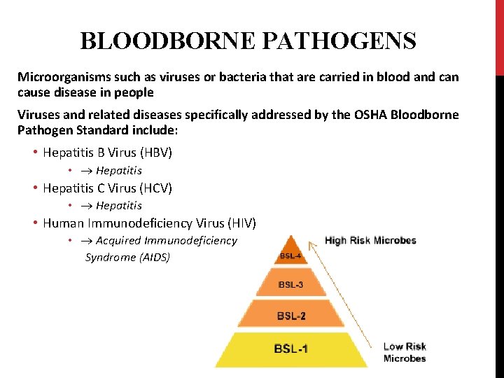 BLOODBORNE PATHOGENS Microorganisms such as viruses or bacteria that are carried in blood and