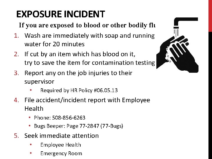 EXPOSURE INCIDENT If you are exposed to blood or other bodily fluids: 1. Wash