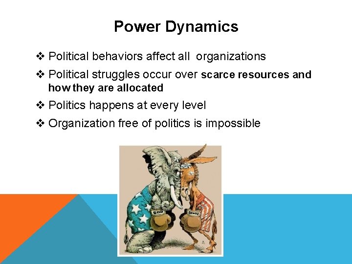 Power Dynamics v Political behaviors affect all organizations v Political struggles occur over scarce