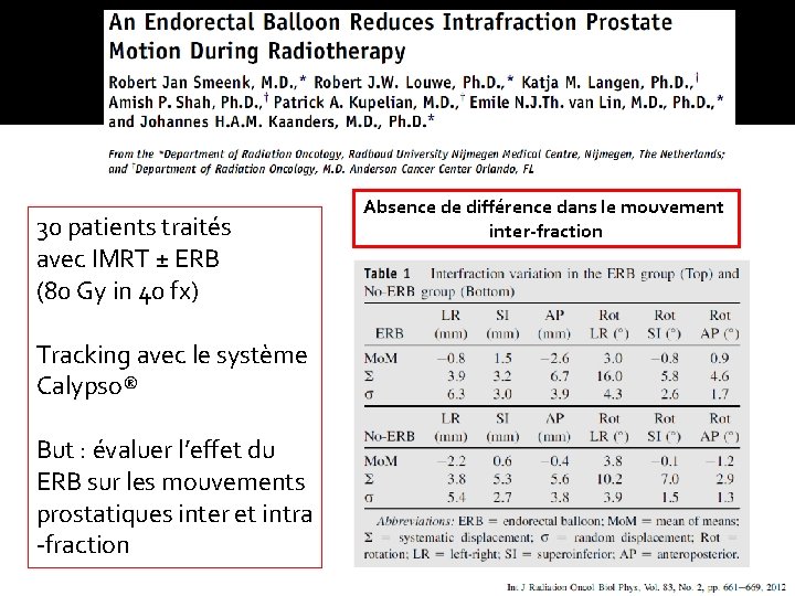 30 patients traités avec IMRT ± ERB (80 Gy in 40 fx) Tracking avec