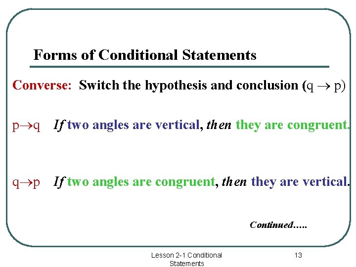 Forms of Conditional Statements Converse: Switch the hypothesis and conclusion (q p) p q