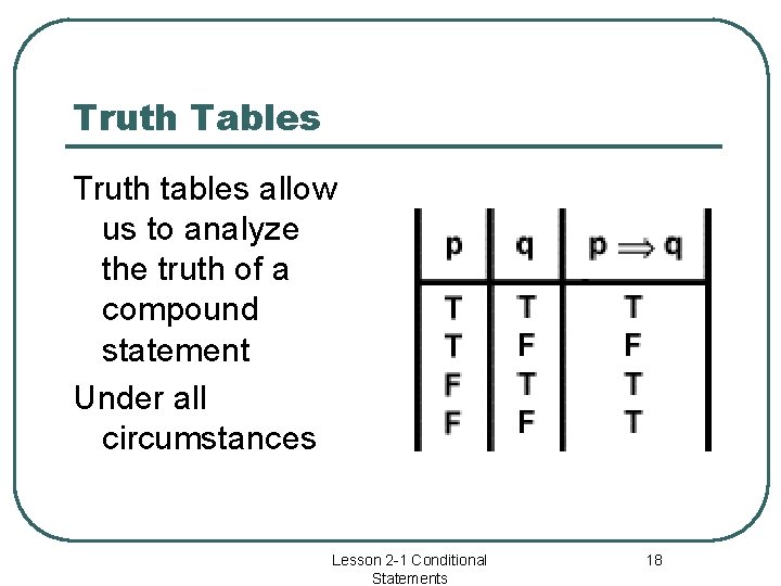 Truth Tables Truth tables allow us to analyze the truth of a compound statement