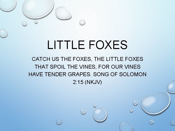 LITTLE FOXES CATCH US THE FOXES, THE LITTLE FOXES THAT SPOIL THE VINES, FOR