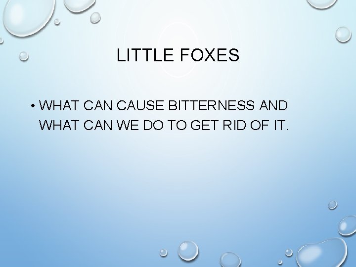 LITTLE FOXES • WHAT CAN CAUSE BITTERNESS AND WHAT CAN WE DO TO GET