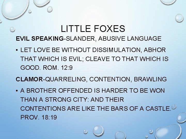 LITTLE FOXES EVIL SPEAKING-SLANDER, ABUSIVE LANGUAGE • LET LOVE BE WITHOUT DISSIMULATION, ABHOR THAT