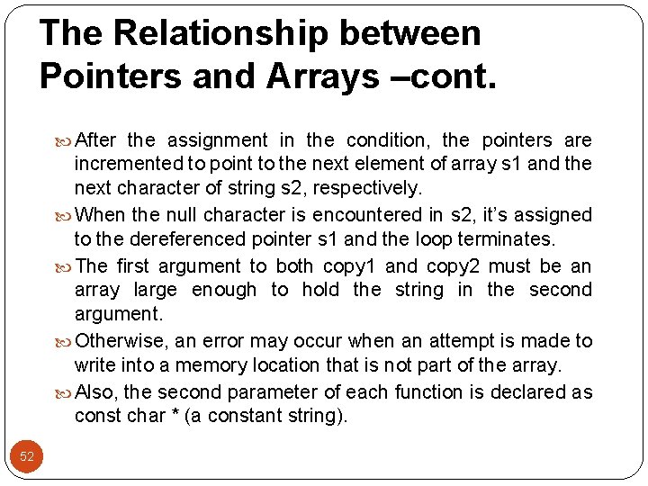 The Relationship between Pointers and Arrays –cont. After the assignment in the condition, the