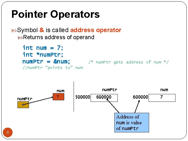 Pointer Operators Symbol & is called address operator Returns address of operand int num