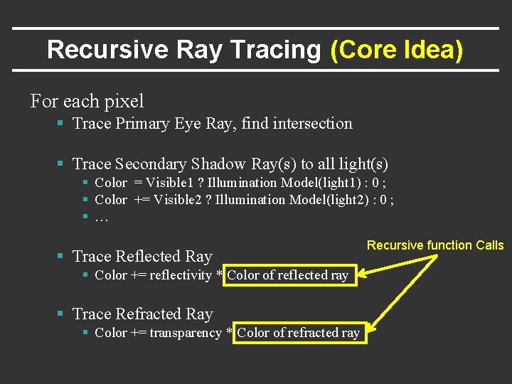 Recursive Ray Tracing (Core Idea) For each pixel § Trace Primary Eye Ray, find