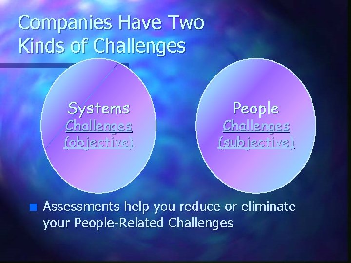 Companies Have Two Kinds of Challenges Systems Challenges (objective) n People Challenges (subjective) Assessments