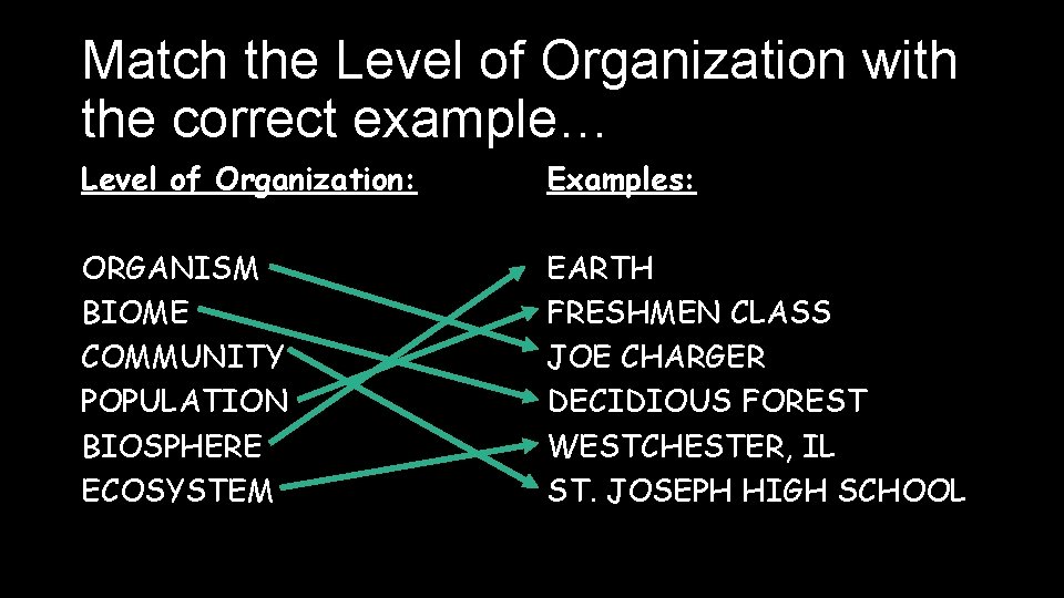 Match the Level of Organization with the correct example… Level of Organization: Examples: ORGANISM