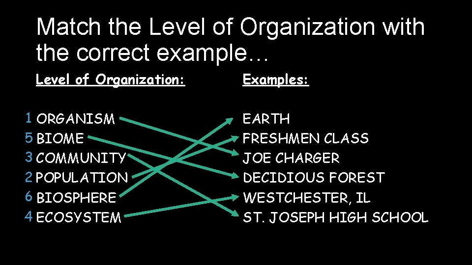 Match the Level of Organization with the correct example… Level of Organization: 1 ORGANISM