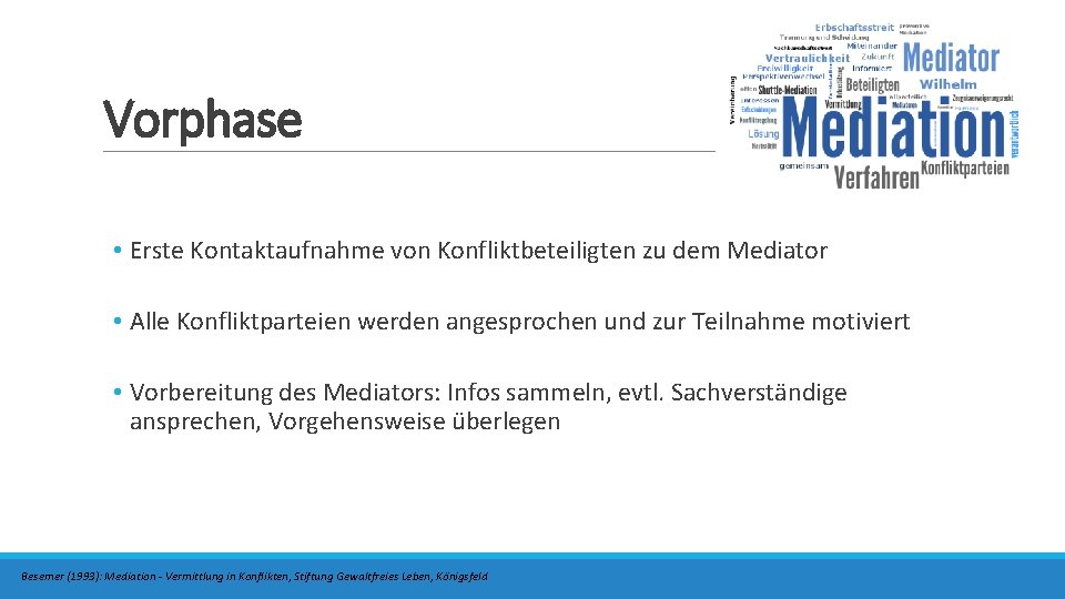 Vorphase • Erste Kontaktaufnahme von Konfliktbeteiligten zu dem Mediator • Alle Konfliktparteien werden angesprochen