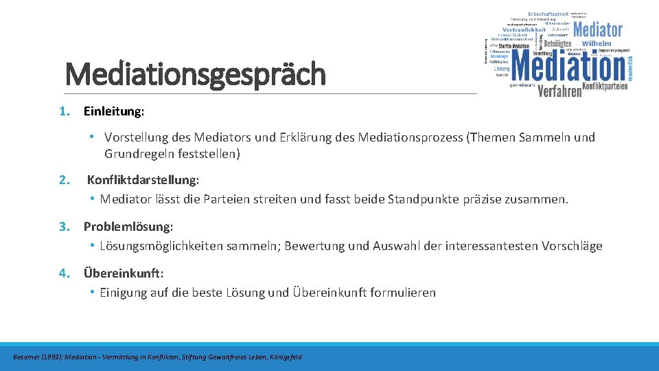 Mediationsgespräch 1. Einleitung: • Vorstellung des Mediators und Erklärung des Mediationsprozess (Themen Sammeln und