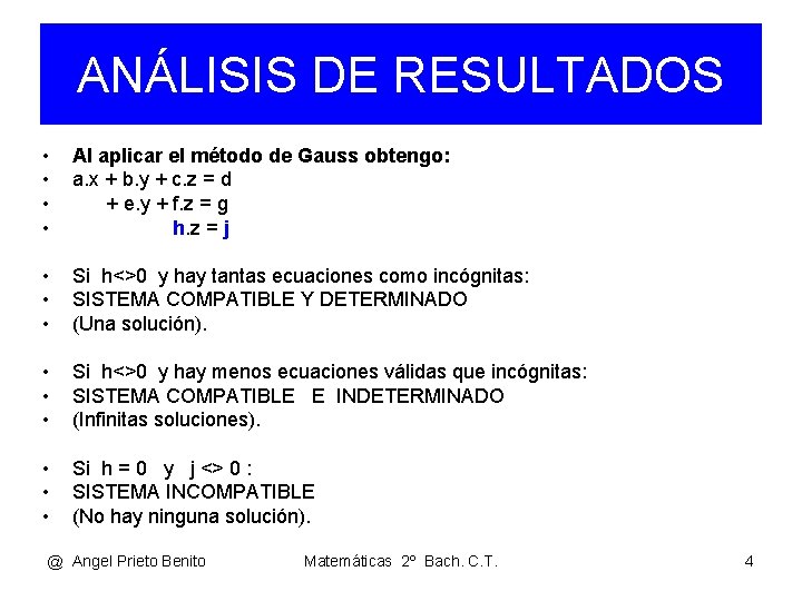 ANÁLISIS DE RESULTADOS • • Al aplicar el método de Gauss obtengo: a. x