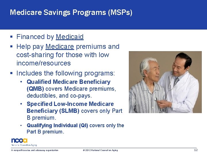 Medicare Savings Programs (MSPs) § Financed by Medicaid § Help pay Medicare premiums and