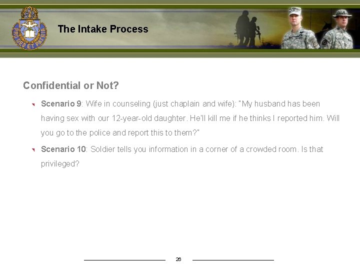 The Intake Process Confidential or Not? Scenario 9: Wife in counseling (just chaplain and