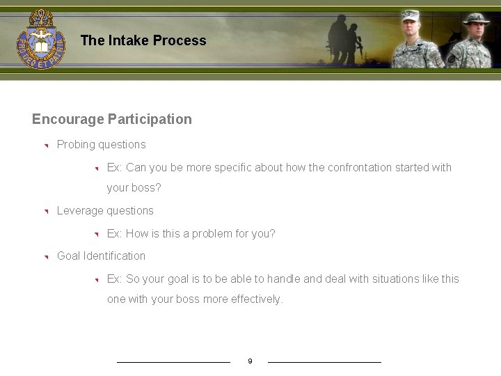 The Intake Process Encourage Participation Probing questions Ex: Can you be more specific about