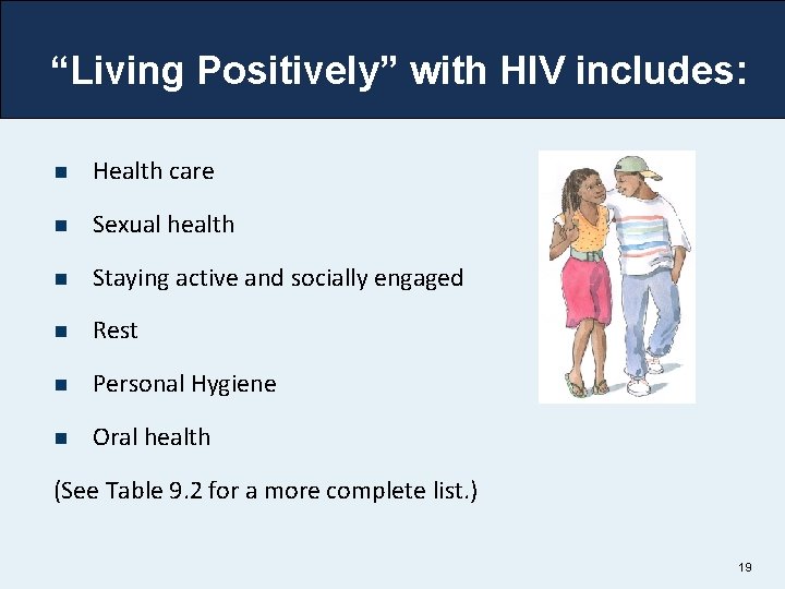 “Living Positively” with HIV includes: n Health care n Sexual health n Staying active