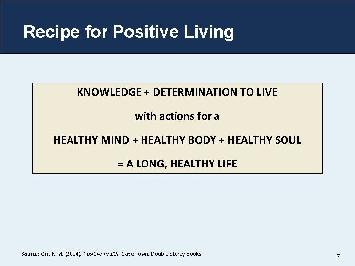 Recipe for Positive Living KNOWLEDGE + DETERMINATION TO LIVE with actions for a HEALTHY