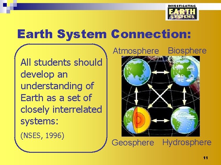 Earth System Connection: Atmosphere Biosphere All students should develop an understanding of Earth as