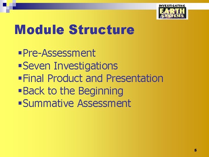Module Structure §Pre-Assessment §Seven Investigations §Final Product and Presentation §Back to the Beginning §Summative