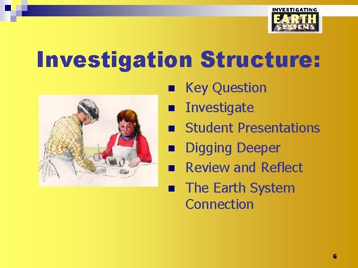 Investigation Structure: n n n Key Question Investigate Student Presentations Digging Deeper Review and