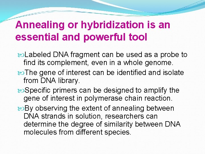 Annealing or hybridization is an essential and powerful tool Labeled DNA fragment can be