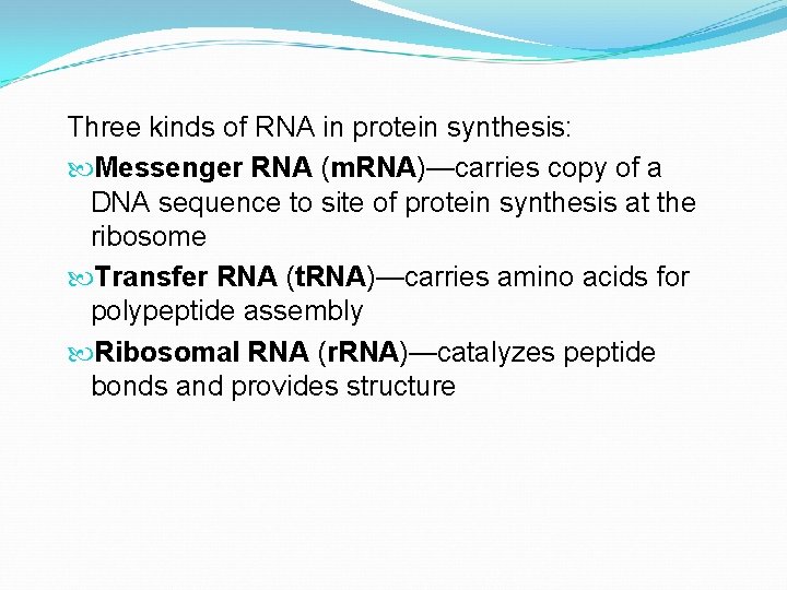 Three kinds of RNA in protein synthesis: Messenger RNA (m. RNA)—carries copy of a