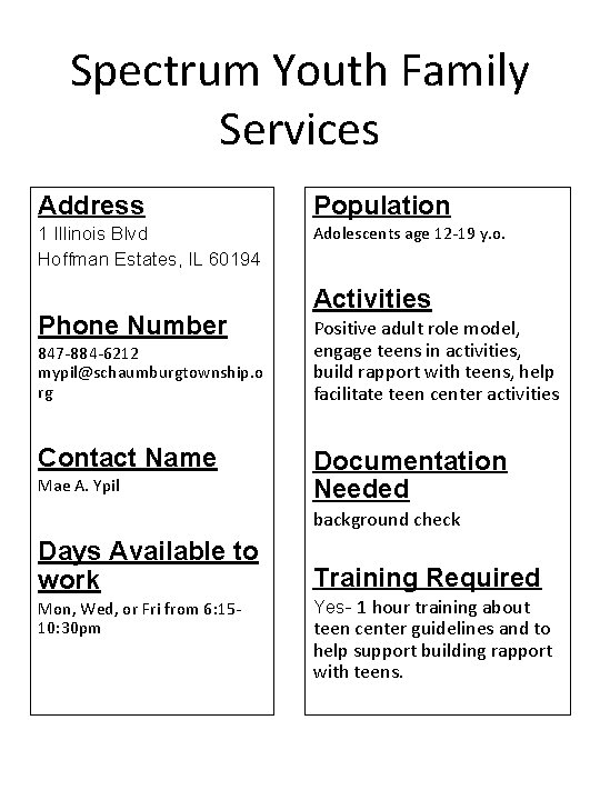 Spectrum Youth Family Services Address Population 1 Illinois Blvd Hoffman Estates, IL 60194 Adolescents