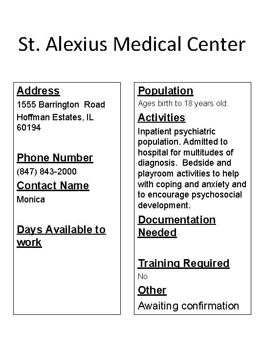 St. Alexius Medical Center Address Population 1555 Barrington Road Hoffman Estates, IL 60194 Ages