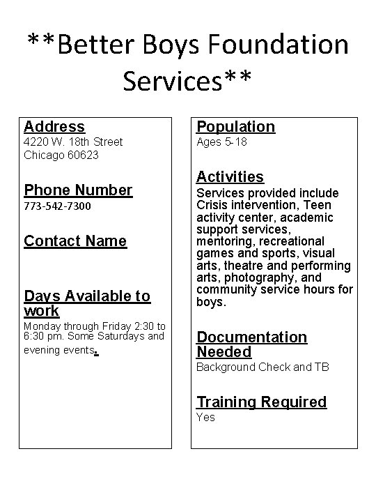 **Better Boys Foundation Services** Address Population 4220 W. 18 th Street Chicago 60623 Ages