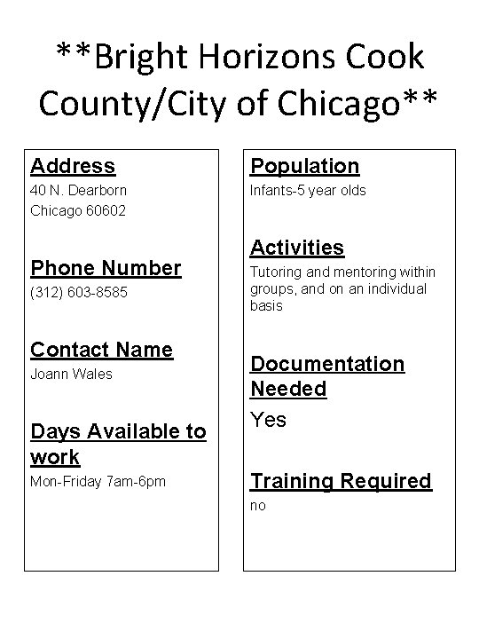 **Bright Horizons Cook County/City of Chicago** Address Population 40 N. Dearborn Chicago 60602 Infants-5
