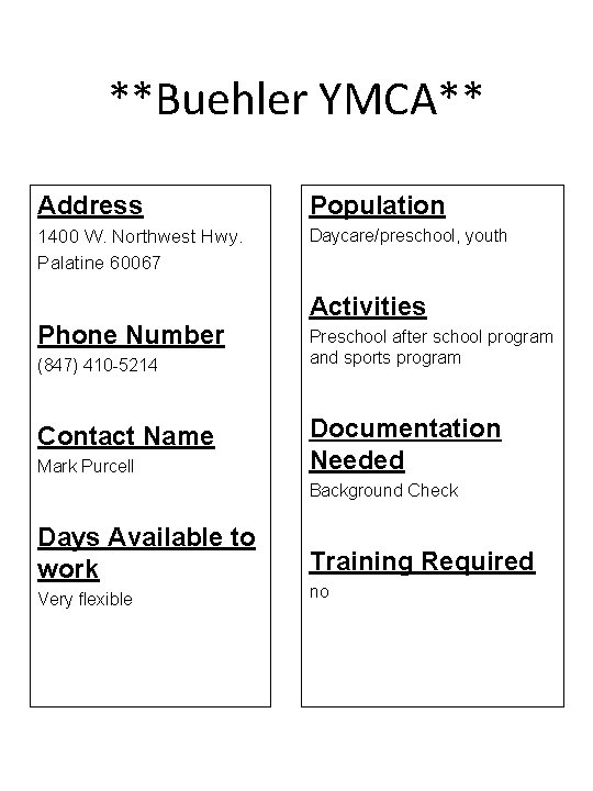 **Buehler YMCA** Address Population 1400 W. Northwest Hwy. Palatine 60067 Daycare/preschool, youth Phone Number