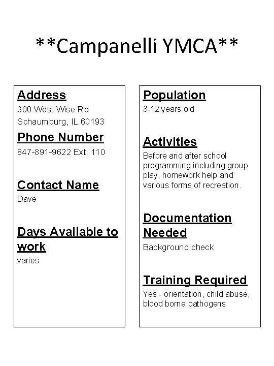 **Campanelli YMCA** Address Population 300 West Wise Rd Schaumburg, IL 60193 3 -12 years